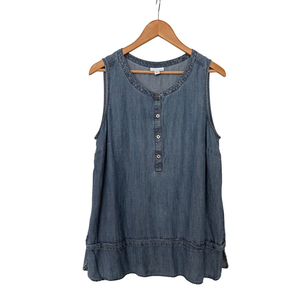 J. Jill Chambray Tencel Linen Henley Sleeveless Tunic Coastal Cottagecore Top M